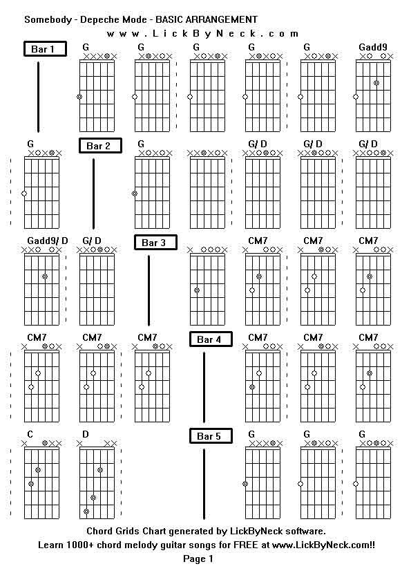 Chord Grids Chart of chord melody fingerstyle guitar song-Somebody - Depeche Mode - BASIC ARRANGEMENT,generated by LickByNeck software.